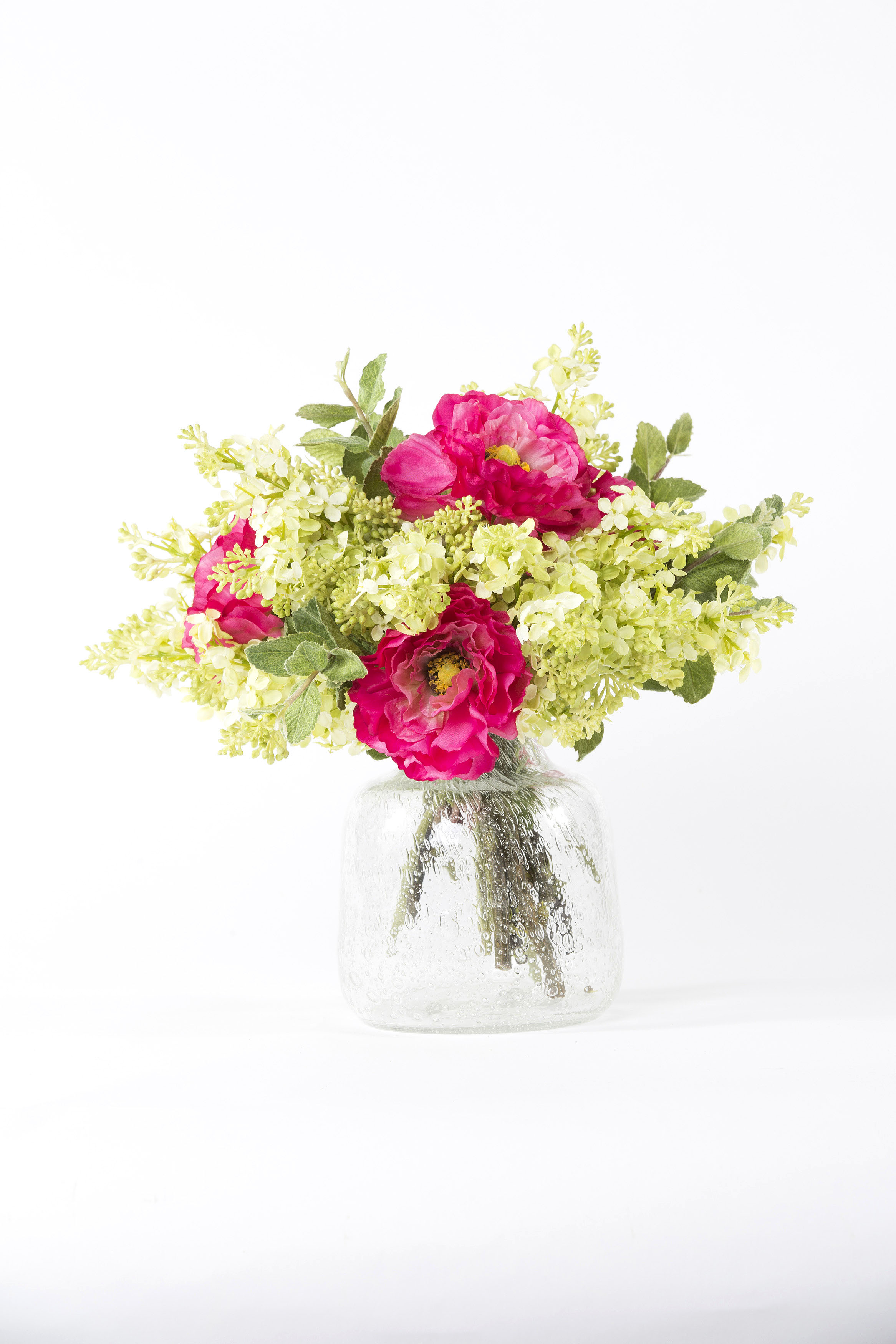 10 Ranunculus & Lilac Silk Flower Arrangement w/Glass Vase